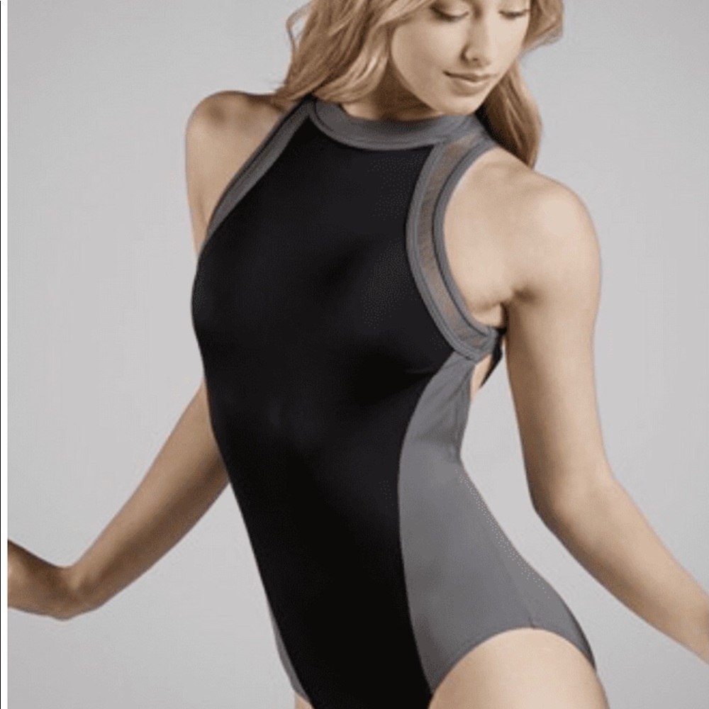Balera Colorblock High Neck dance leotard. Size Adult Small. Grey & black.